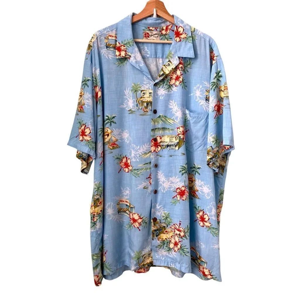Vintage Hilo Hattie The Hawaiian Original Light Blue Tropical Print Shirt in 3XL